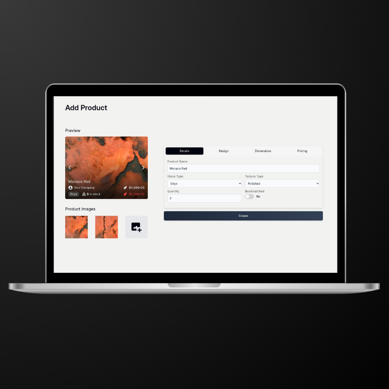 Mockup photo of a macbook screen and the stonefinder.io dashboard product creation page